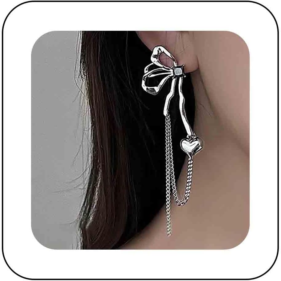 Vintage Butterfly Dangle Earrings Long Butterfly Chain Tassel Earrings Silver Puffy Heart Drop Earrings Black Onyx Butterfly Earrings Jewelry for Women