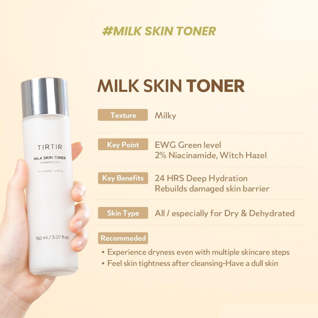 TIRTIR Milk Skin Rice Toner Light | Instant Hydration with 4% Niacinamide, Pantenol, Lightweight, Pore-Tightening, Vegan, Acne-Prone, Oily Skin, Fungal Acne Safe, Korean Skin Care, 5.07 Fl Oz