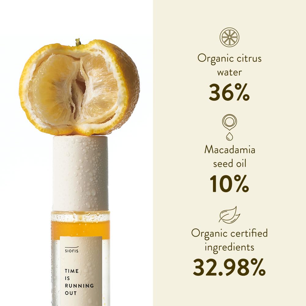 SIORIS Time Is Running Out mist 30ml (organic, vegan), glass skin face mist for Sensitive Skin, jojoba oil for moisture lock, enriched citrus water rejuvenates glass veil finish