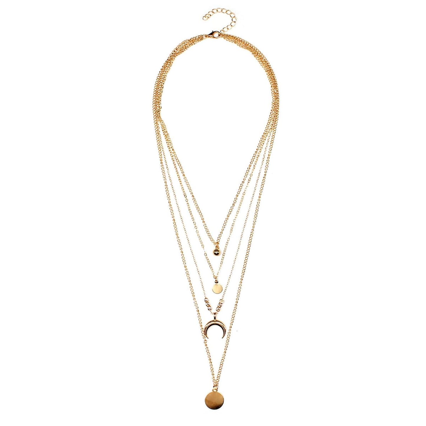 Bohemia Layered Coin Choker Necklace Moon Crescent Pendant Necklace Chain Gold Tiny Ball Necklace Multi Layer Disc Necklace Chain Jewelry for Women and Girls