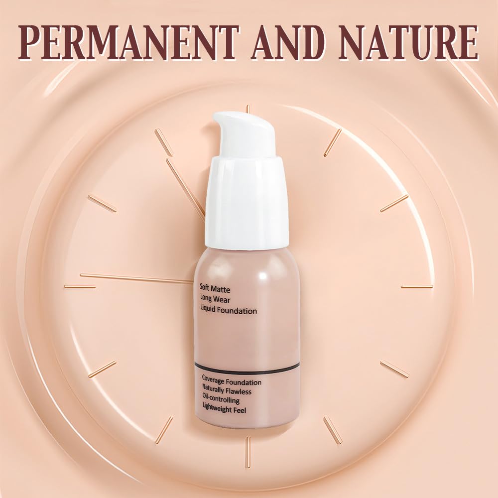 Matte Liquid Full Coverage Foundation, Flawless Soft Matte 24HR Oil Control Full Coverage Foundation Makeup for Women, Long-Lasting Waterproof Full Coverage, 02# Warm Peach(02, Pack of 1)
