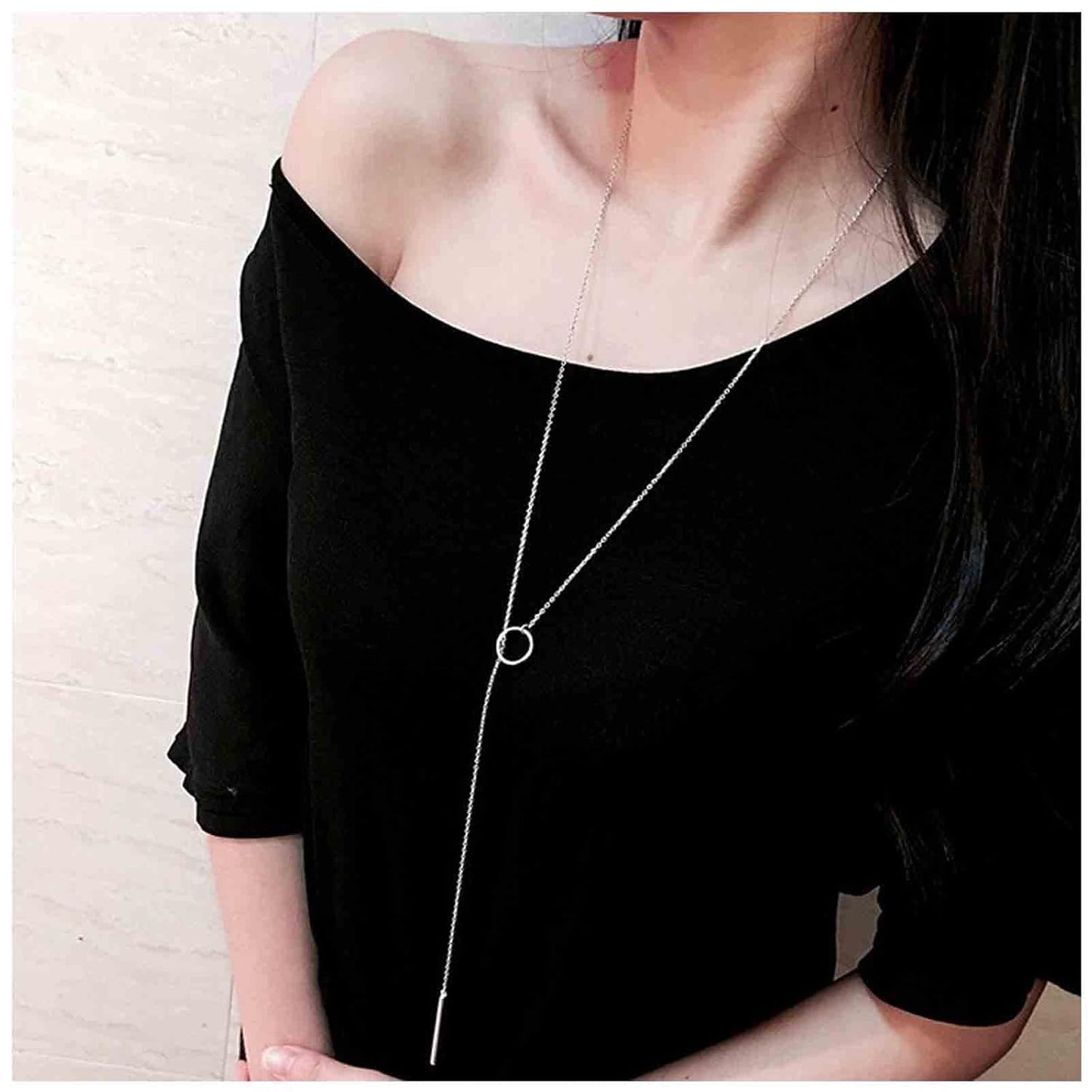 Boho Circle Bar Lariat Necklace Silver Drop Bar Y Necklace Open Circle Necklace Long Vertical Bar Necklace Chain Jewelry for Women and Girls Gifts