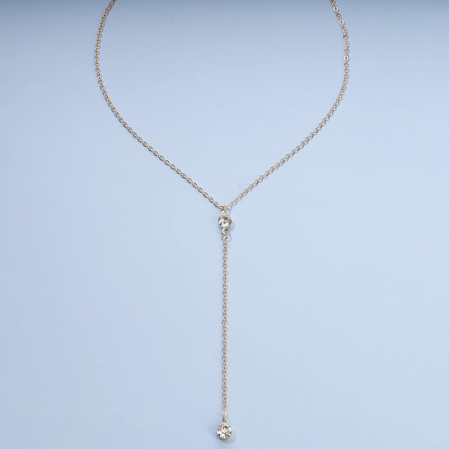 Boho Crystal Y Drop Necklace Choker Gold Long Y Necklace Chain Minimalist Cz Lariat Necklace Classic Simple Y Lariat Necklace Jewelry for Women and Girls Gifts