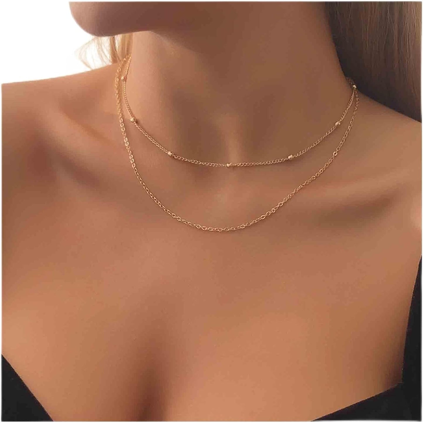 Boho Layered Satellite Choker Necklace Gold Ball Chain Necklace Short Collar Necklace Vintage Double Layer Necklace Jewelry for Women and Girls Gifts