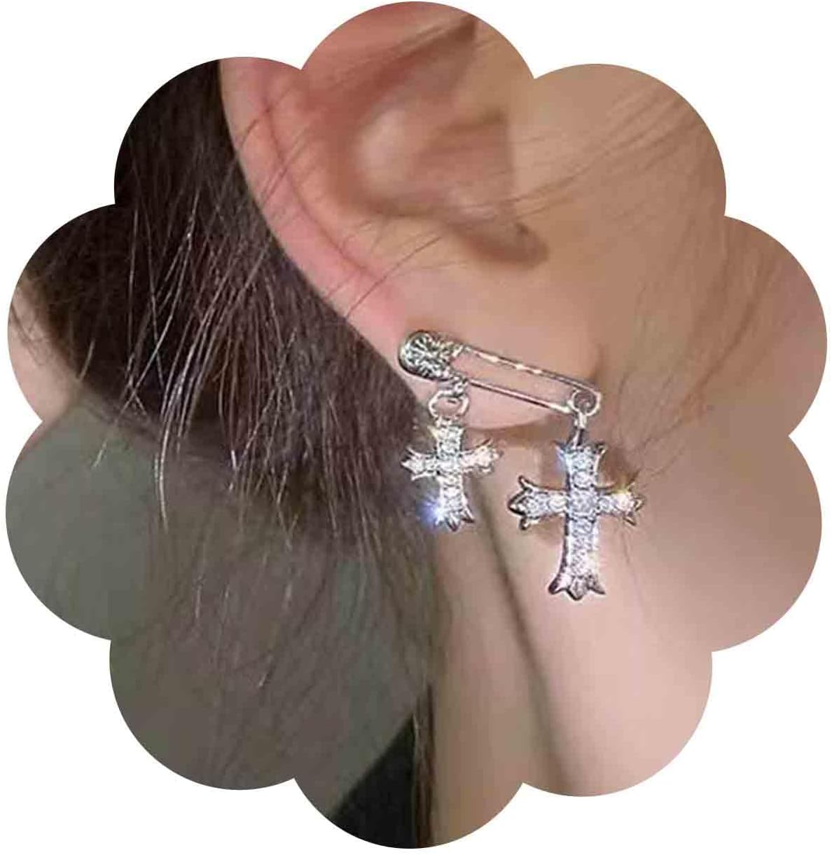 Vintage Crystal Cross Drop Earrings Rhinestone Cross Stud Earrings Silver Paperclip Earrings Sparkly Cz Crucifix Earrings Jewelry for Women