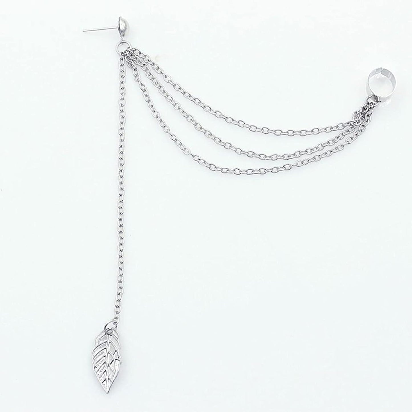 Boho Leaf Cuff Chain Earrings Silver Dangle Chain Earrings Cartilage Helix Earrings Cuff Helix to Lobe Chain Earrings Jewelry for Women and Girls