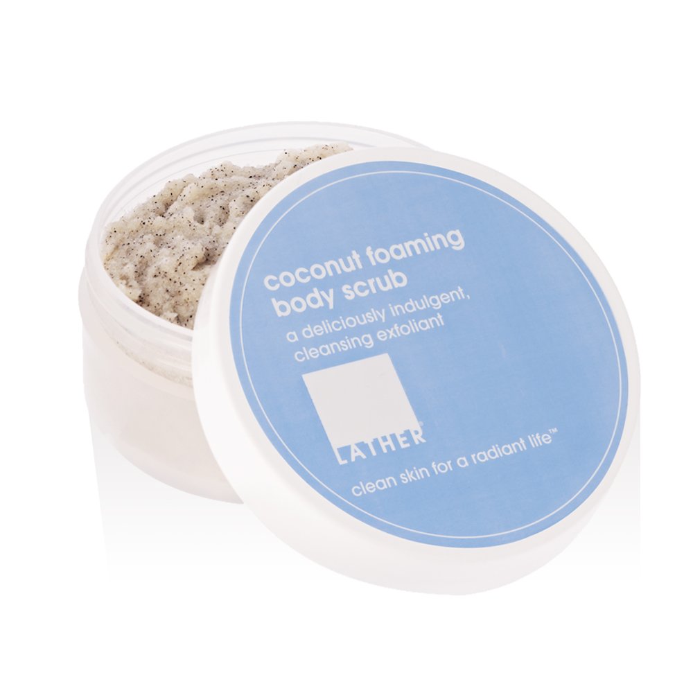 LATHER Coconut Foaming Body Scrub - Gentle Exfoliating & Hydrating Scrub for All Skin Types - Leaves Soft & Smooth Skin - Scrub for the Body, Hands & Feet - 4 Oz Jar