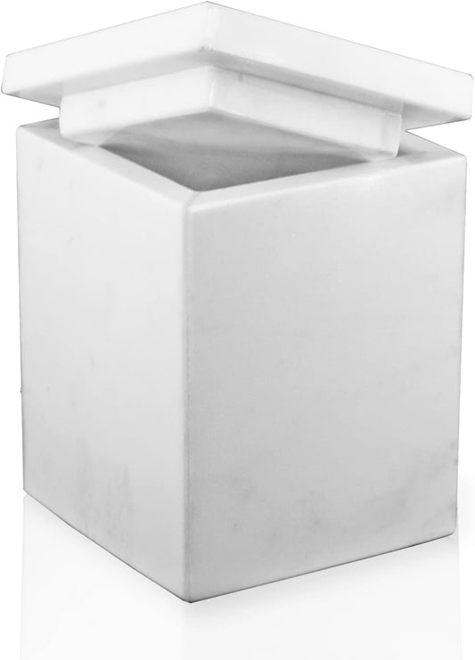 WORHE Marble Canister Natural Stone Qtip Holder with Lid Square Bathroom Vanity Organizer for Makeup Sponge Coffee Bean Dispenser Storage Jar Case for Home Decor White (DLW201)