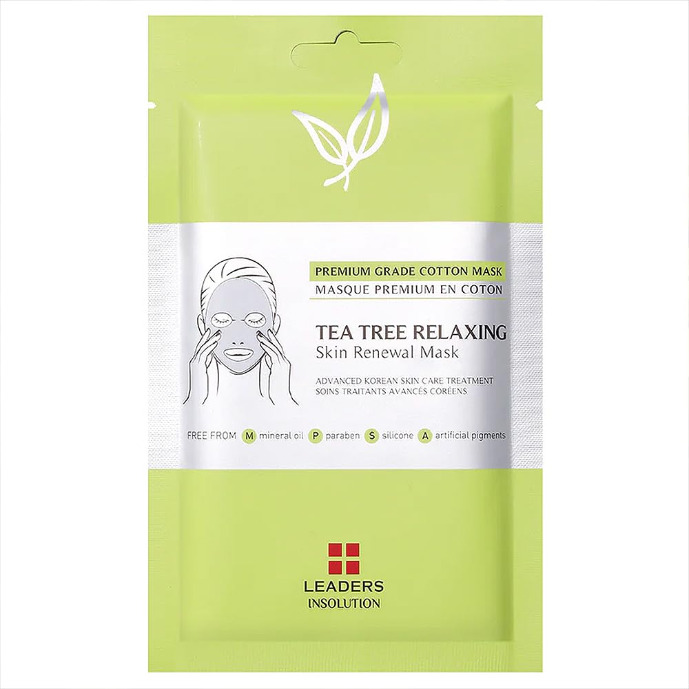 Leaders Insolution Tea Tree Relaxing Skin Renewal Mask | Soothing Facial Sheet for Acne, Oil Control, and Sensitive Skin | Hydrating Botanicals | Calms Redness, Smooth (10 Sheets)