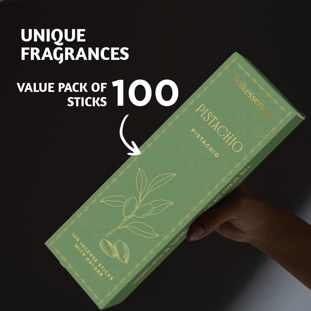 Folkulture Incense Sticks | Set of 100 Insence-Sticks with Holder for Relaxation | Pistachio Fragrance Incense | Organic, Slow Burning & Non Toxic Inscents for Meditation | Dessert Inspired