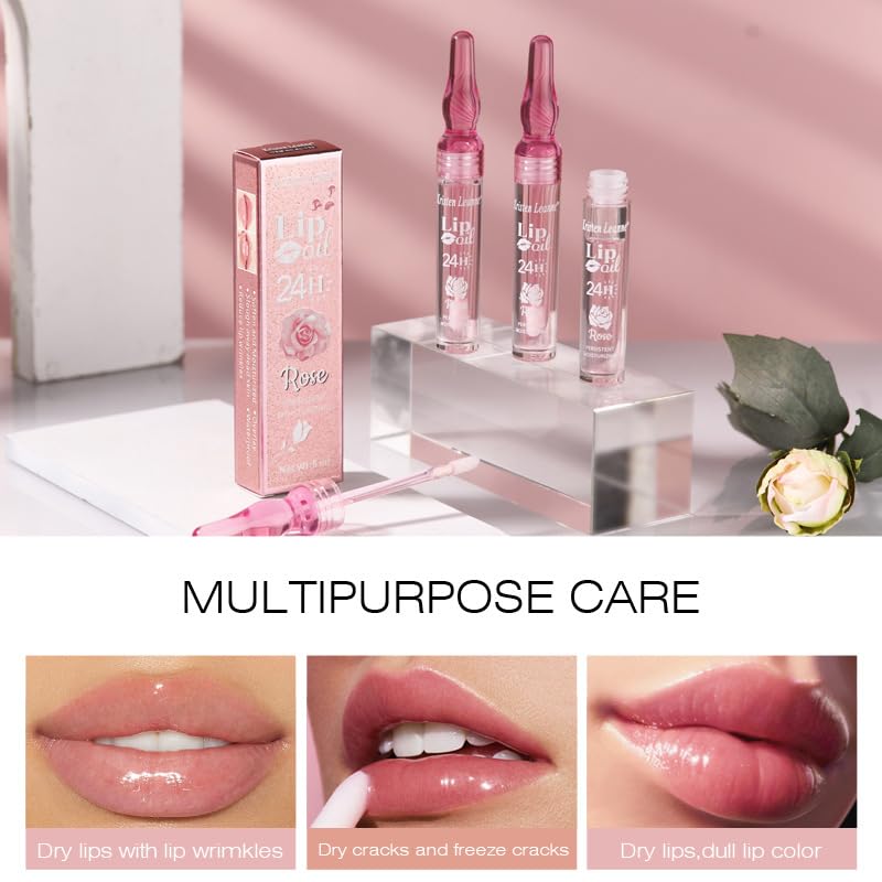 Rose Lip Oil Moisturizing Nourishing Repair Lips Reduce Fine Lines Relieve Dryness Long-Lasting Daily Use Lip Care