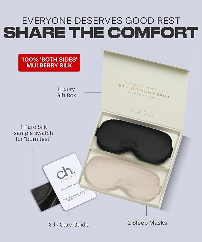 SUNDAYSILKS™ 3D Contoured Silk Sleep Mask | Padded Silk Eye Mask with Eye Cups for Lash Extensions | Blackout, Organic for Women & Men, Perfect for Travel, Slip-Free Deep Sleeping (2PK)