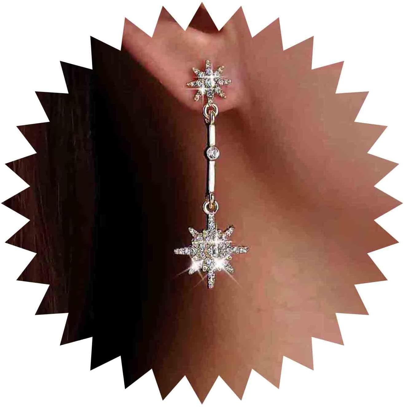 Vintage Crystal Starburst Drop Earrings Long Rhinestone Northstar Earrings Gold Cz Star Dangle Earrings Cz North Star Stud Earrings Jewelry for Women