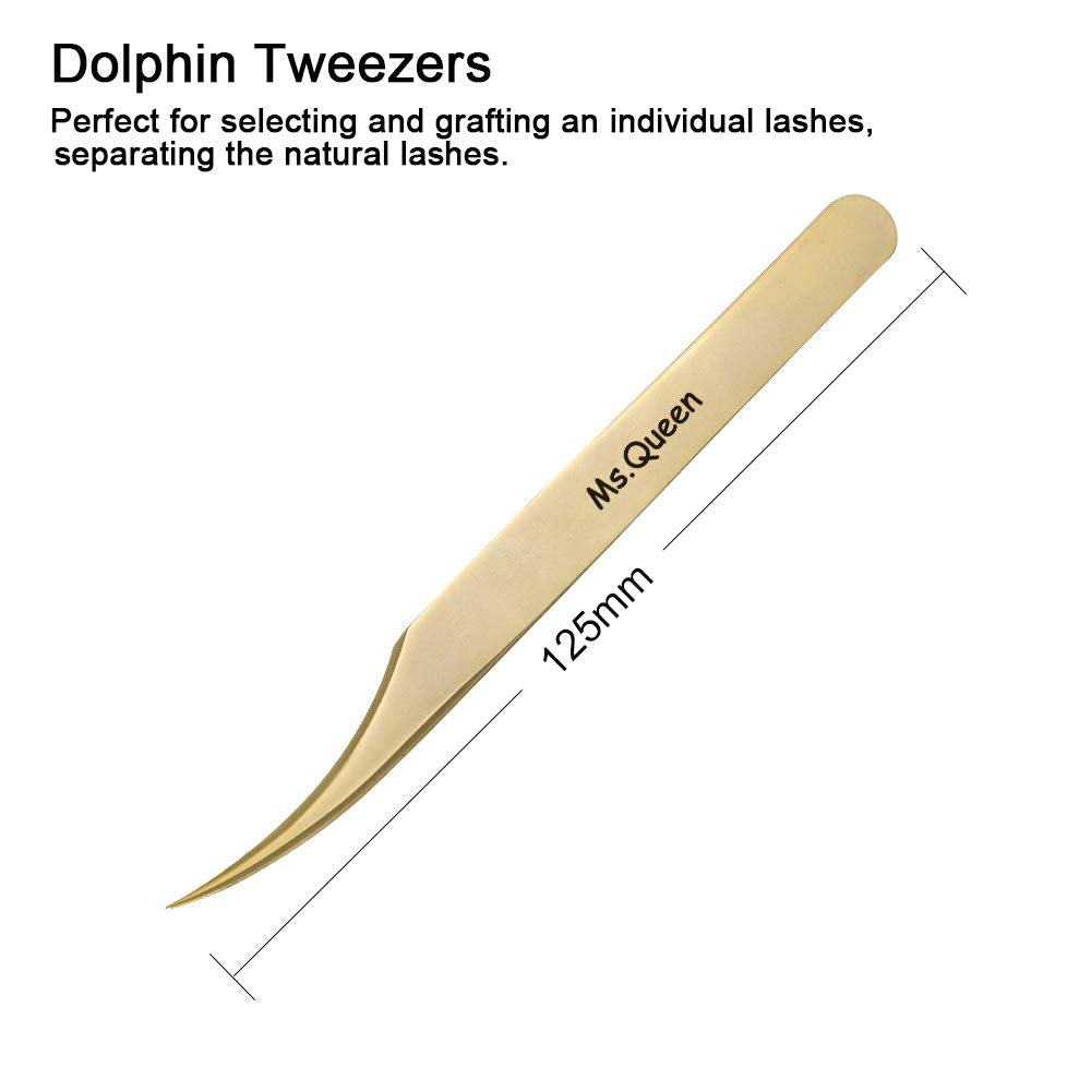 Ms.Queen Eyelash Extension Tweezers Set-Precision Tweezers for 2D-6D Volume&Individual False Lashes Extensions with PU Storage Case-Golden (Dolphin Tweezers/M003-3)