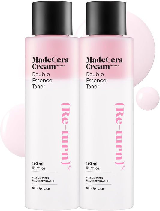 SKINRxLAB MadeCera Cream Double Essence Korean Toner 2 Pack - Hydrating and Soothing Toner with Milk Protein, Ceramide, Beta-Glucan - Moisturizing Strawberry Milky for Irritated Skin