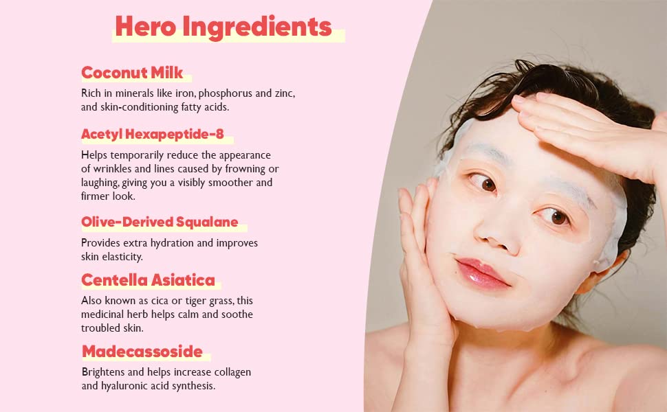 Moisturizing Face Masks (10-Pack) Korean Skincare Infused with Collagen, Coconut, Acetyl Hexapeptide-8, Niacinamide & Ceramide - Hydrating Solution for Dry Skin