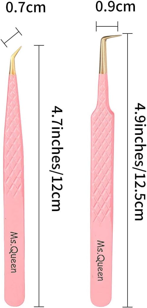 Ms.Queen Eyelash Extension Tweezers,2Pcs Fiber Tip 90 Degree Volume Tweezers and Isolation Lash Tweezers Set