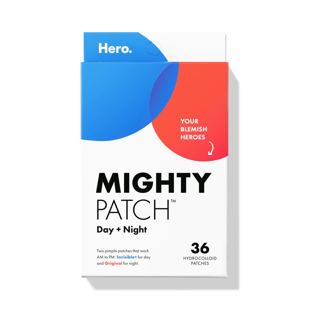 Mighty Patch™ Day and Night Patches – The Hydrocolloid Patch Duo Pack. Derm-Tested. Medical-Grade Hydrocolloid. Absorbs Pimple Gunk in 6-8 Hours. 36ct (18x Original, 18x Invisible+)