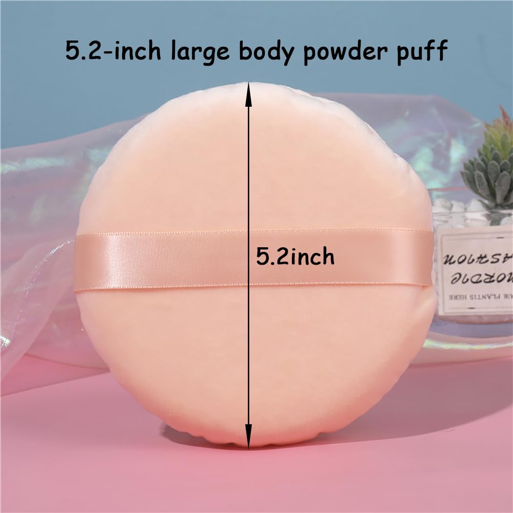 2 Pack Extra Large 5.2" Beige Powder Puffs and 5.3" Glass Container – Oversized Soft Body & Face Large Powder Puff Dusting Powder Jar Holder Case(Clear Glass)