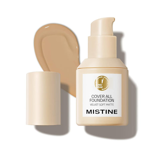 MISTINE Full Coverage Foundation Makeup for Oily Skin,24 Hour Oil Control Liquid Foundation,Skin-Caring,Moisturizing Formula,Cream Foundation,Matte Finish,Creamy Beige,1 Fl Oz