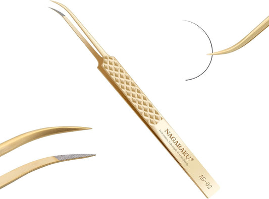 NAGARAKU Precision Fiber Tip Tweezer for Eyelash Extensions Diamond Grip 5cm Slim Tweezers Tip Anti-Static Anti-Slip Premium Stainless Steel Pointed Separate Eyelashes Curved Tweezers with Box (AG-02)