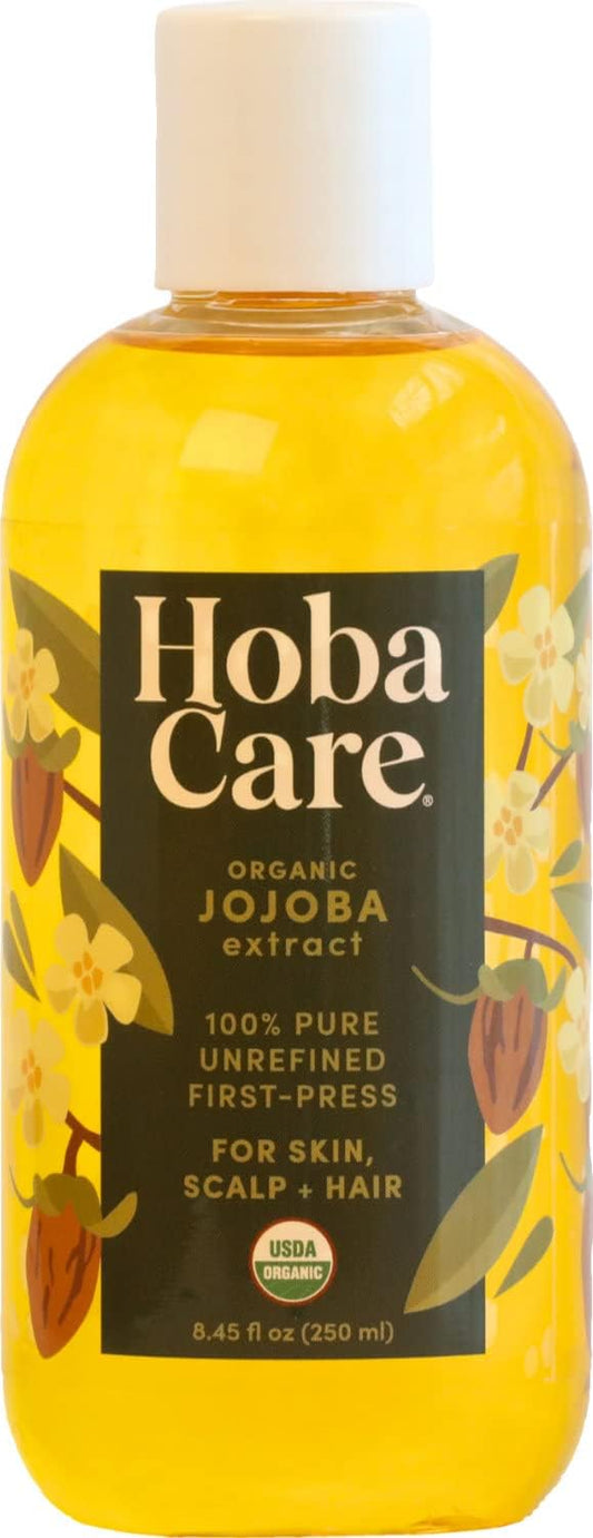 HobaCare Natural Organic Jojoba Oil for Hair, Skincare, Face, Body, Scalp, Nails, Beard Care, Skin Massage – Unrefined Carrier Oil – 100% Pure, Hexane Free, Moisturizing (8.45 oz)