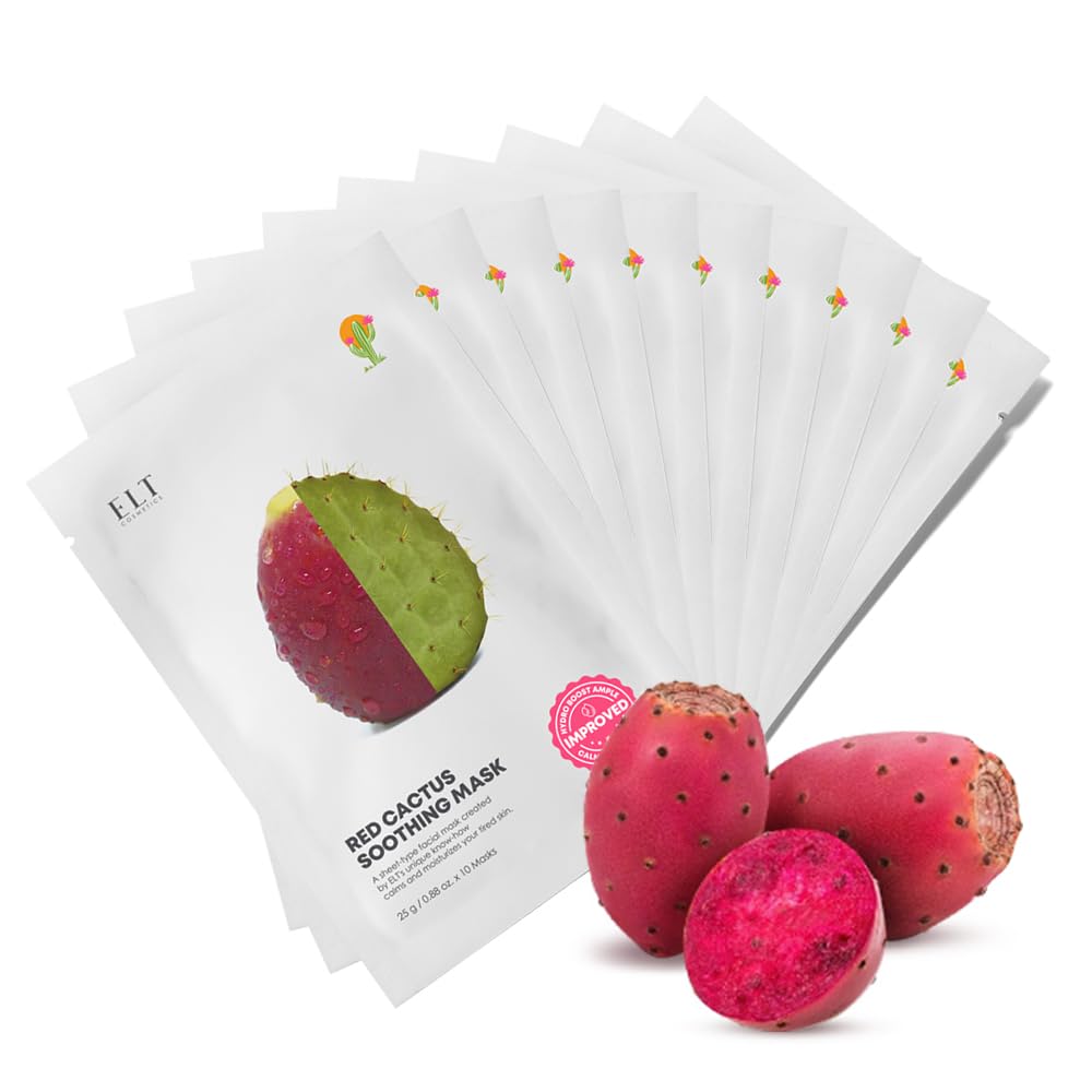 ELT Red Cactus Extract (5,000 ppm) (25 g / 0.88 oz) 10 EA Korean Face Masks, Brightening Mask, Anti-Aging Wrinkle Fighting, Deep Collagen Mask, Korean Skin care