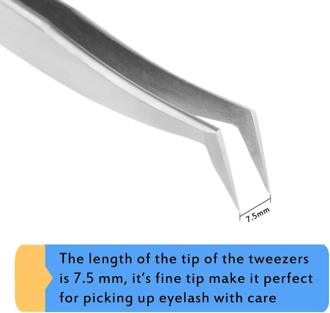 Volume Eyelash Extension Tweezer - FEITA Professional Angled Curved Pointed L-Shaped Precision Tweezers for 3D 4D 6D Lashes Extension - Silver