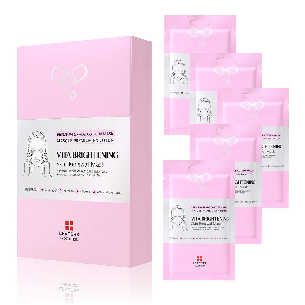 Leaders Insolution VITA Brightening Skin Renewal Mask | Vitamin C & Niacinamide for Dark Spot Reduction and Luminous Glow | 100% Natural Cotton Sheet for Dull Skin (5 Sheets)