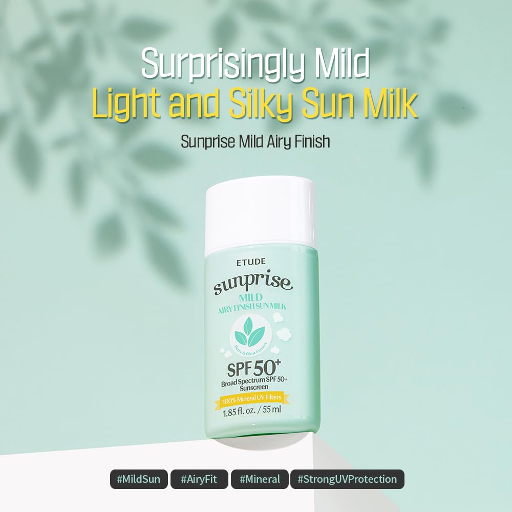 ETUDE Sunprise Sunscreen Mild Sun Milk SPF 50+ / PA++++ (55ml) | Sebum-free, Non-Sticky, Long Lasting Protection, 100% Mineral Korean Sunscreen for sensitive skin