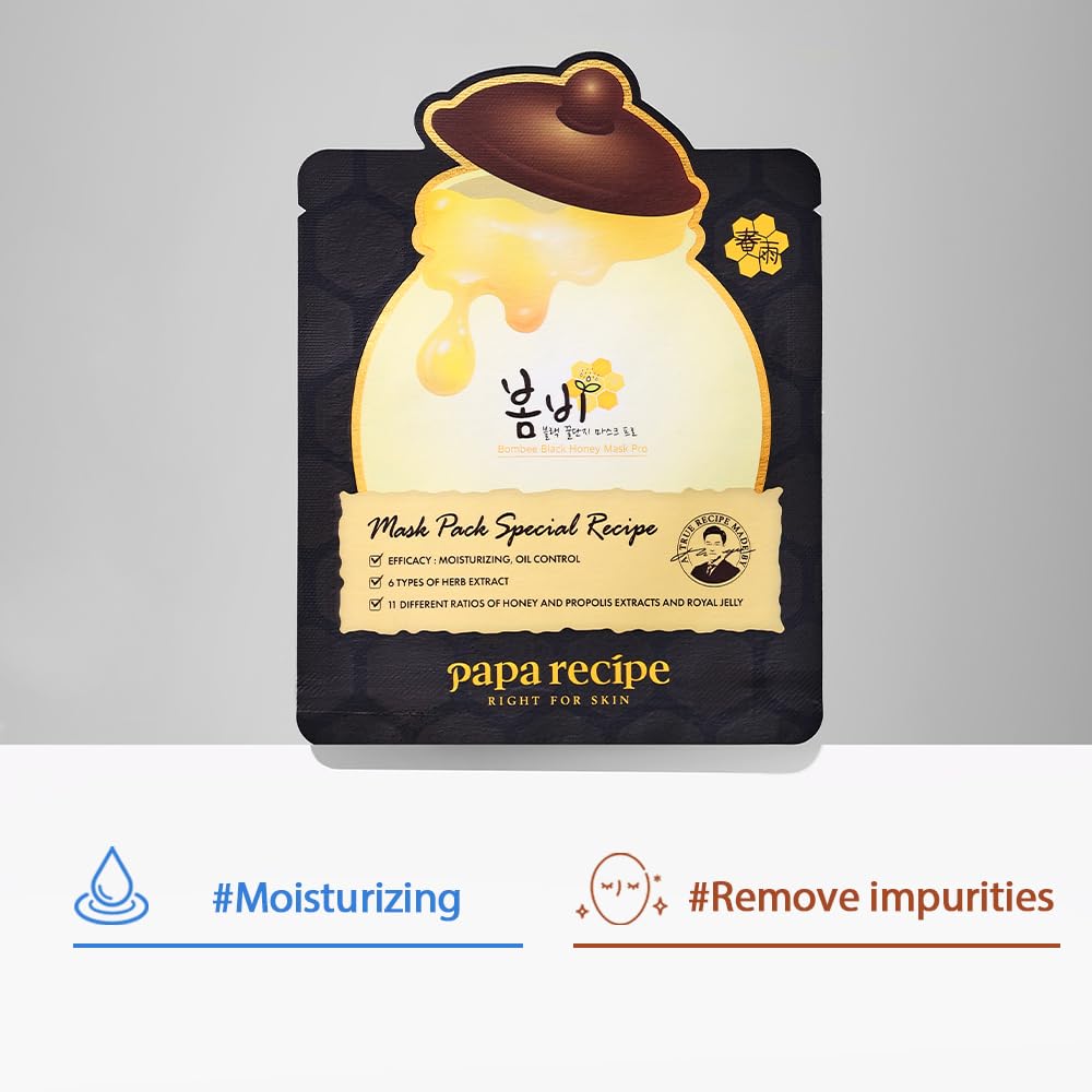 Papa Recipe Bombee Black Honey Mask 10 Pack – Charcoal & Propolis Sheet Mask for Pore Care and Hydration – Korean Skincare