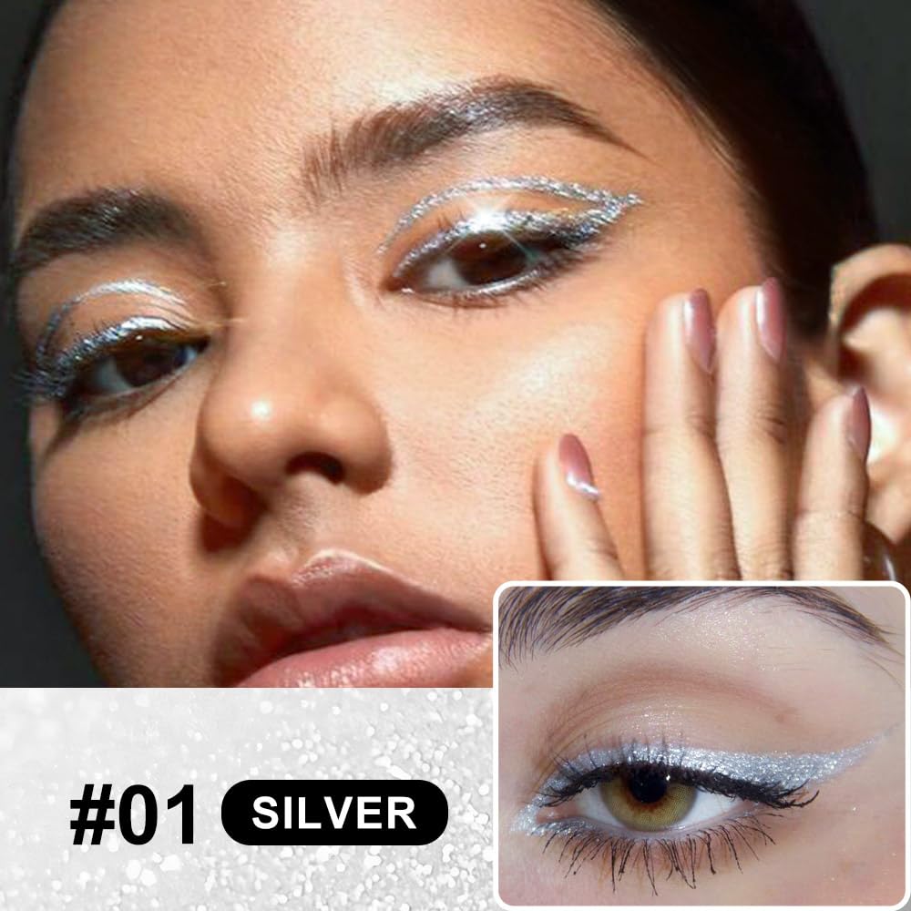 Silver White Metallic Glitter Liquid Eyeliner Pen – Long-Lasting Sparkly Waterproof Eyeliner for Women & Men – Tattoo-Effect Eye Makeup for Parties – Delineador Líquido con Brillo 01