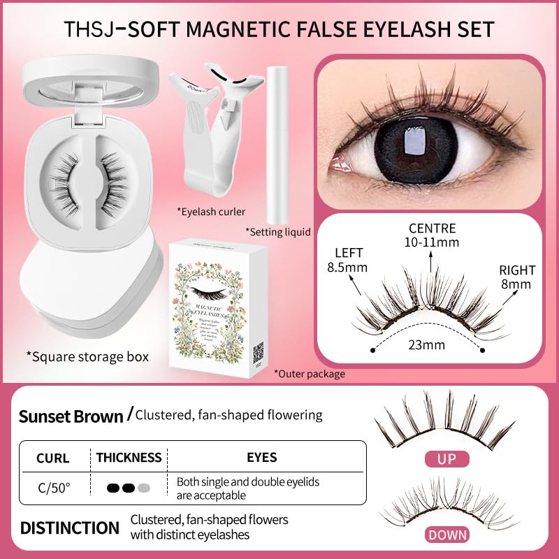 Lumentes Magnetic Eyelashes, Lumentes Magnetic Eyelashes with Applicator, Reusable No Glue Lashes, Natural Look Soft Comfortable Magnetic Lashes, Easy to Wear and Remove (Sunset Brown)