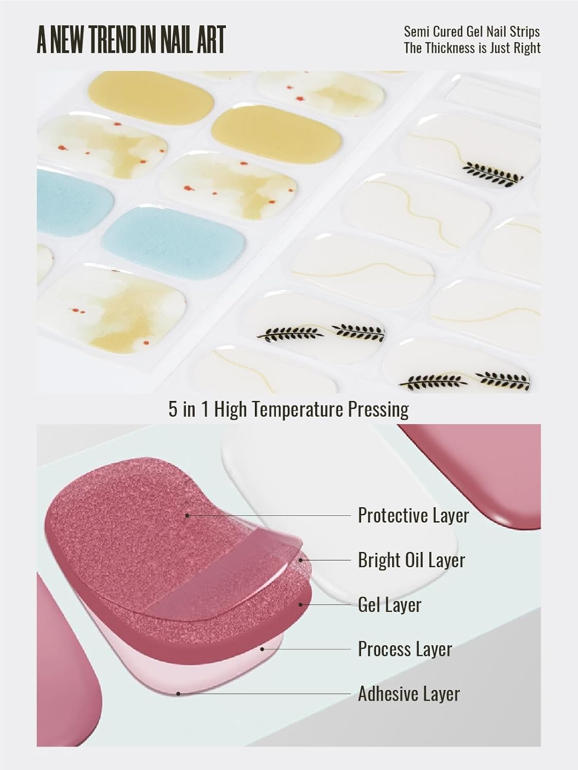 Semi Cured Gel Nail Strips, 30 pcs Stikers, Wraps, Salon-Quality, 2 Weeks Long Lasting Ice Age