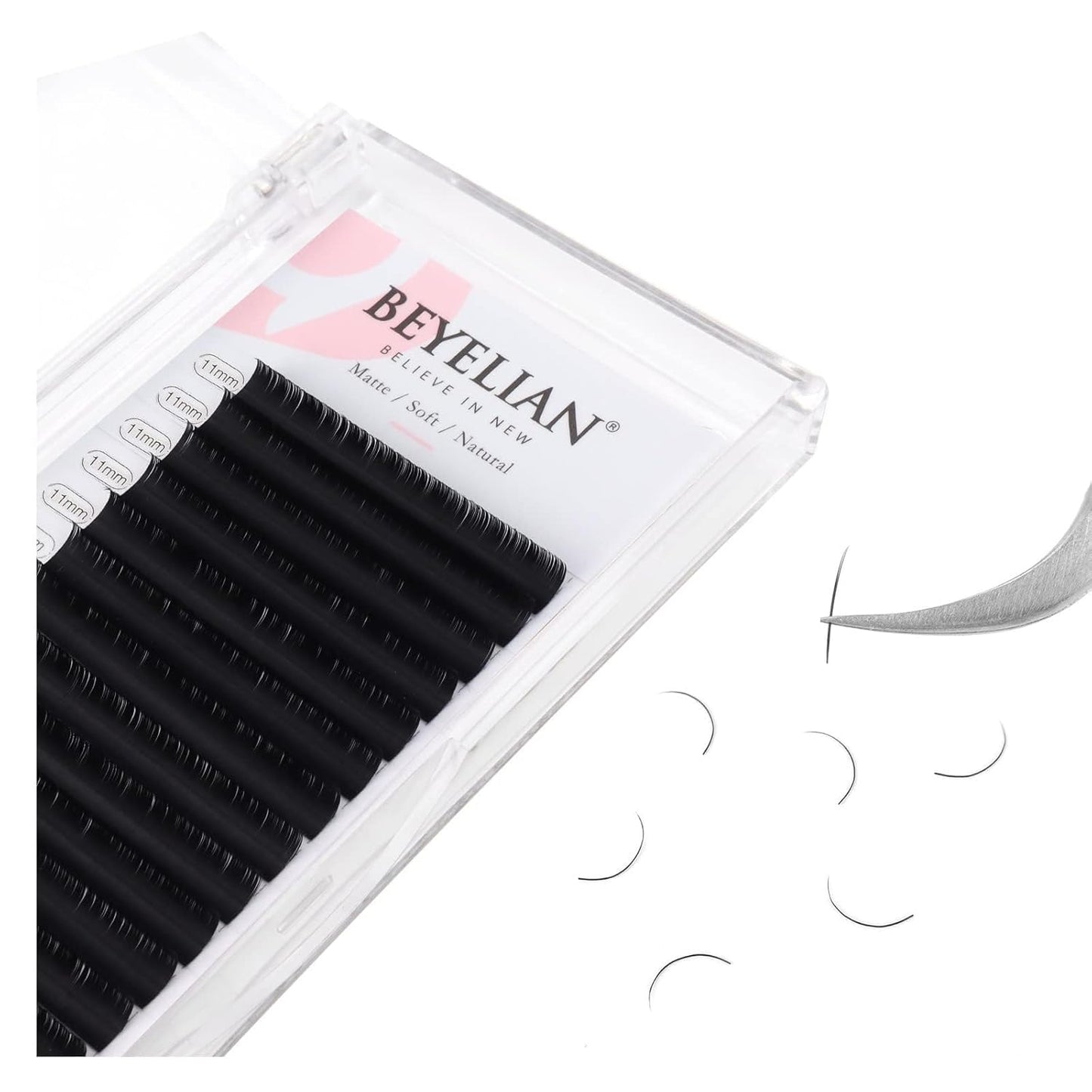 BEYELIAN Flat Eyelash Extension, Ellipse Lash Extensions 0.20 C Curl 11mm 16 Rows Matte Black Eyelash Extension Supplies Classic Lash Extensions Individual Eyelashes Salon Use