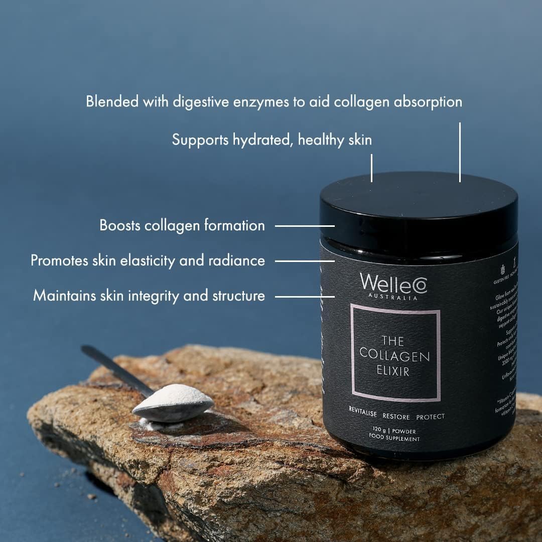 WelleCo The Collagen Elixir Collagen Powder, Marine Collagen Peptides with Vitamin C, Hyaluronic Acid, Digestive Enzymes & Silica, for Glowing Skin, Hair & Nails, Gluten Free, Unflavored, 4.23 oz