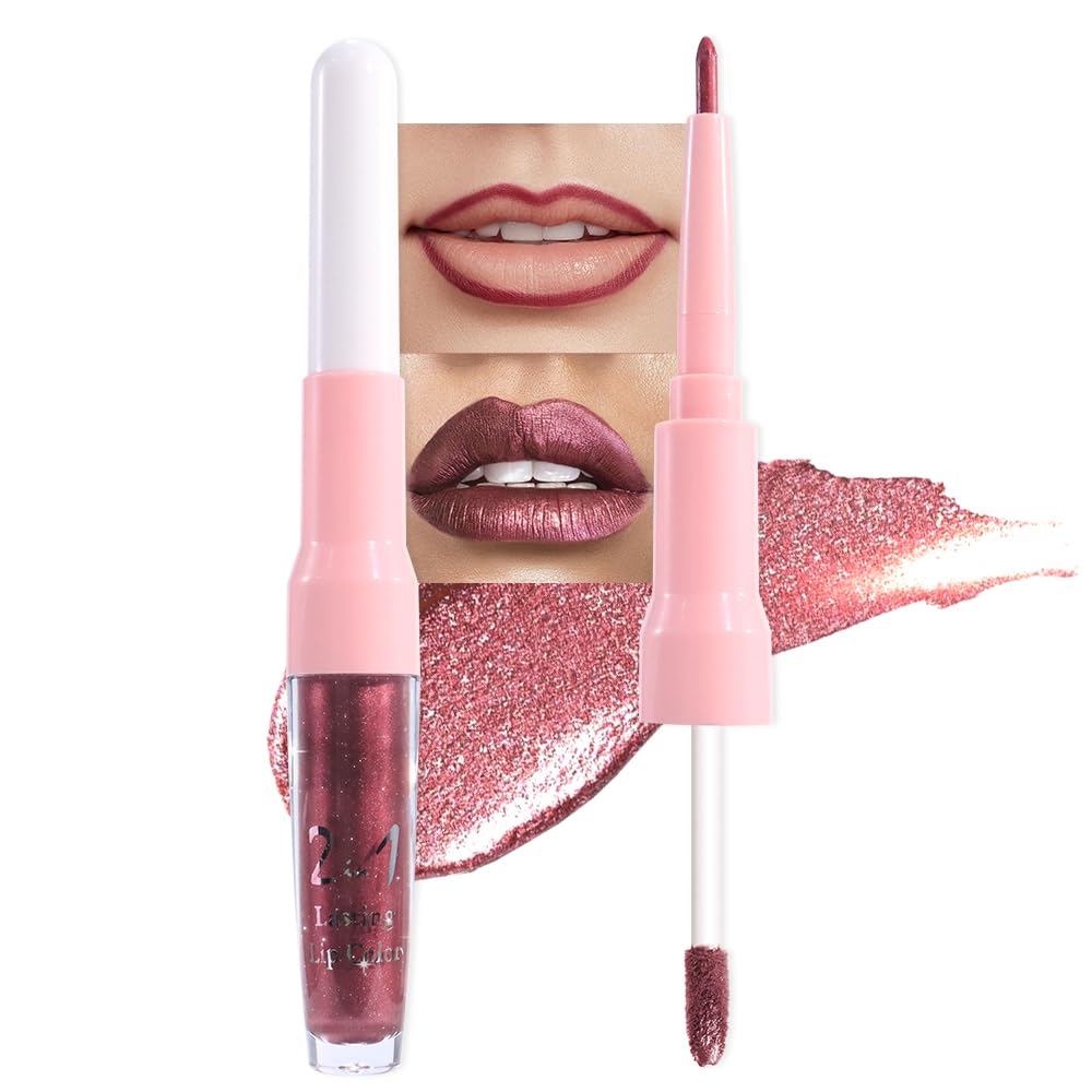 evpct Dark Wine Red Metallic Glitter Lip Liner and Lipstick Combo Lip Gloss Stain Set Makeup for Women Long Lasting Waterproof 24, Mauve Plum Frosted Metallic Shimmer Glossy iridescent Liquid Lipstick