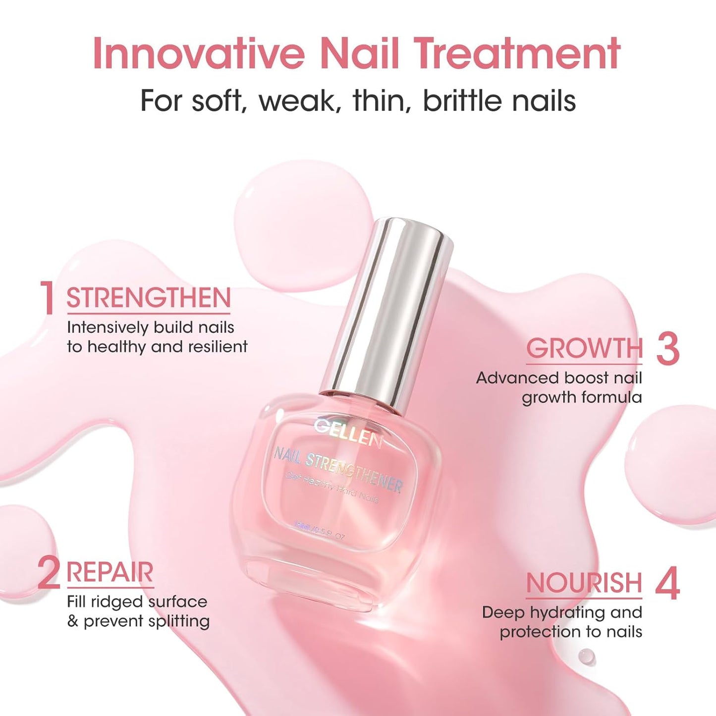 Gellen Nail Strengthener, 8-In-1 Nail Repair Serum Growth for Thin Brittle Damaged Nails, Air Dry Clear Nail Growth Care Treatment, Keratin Calcium Formula, Cherry Blossom Scent