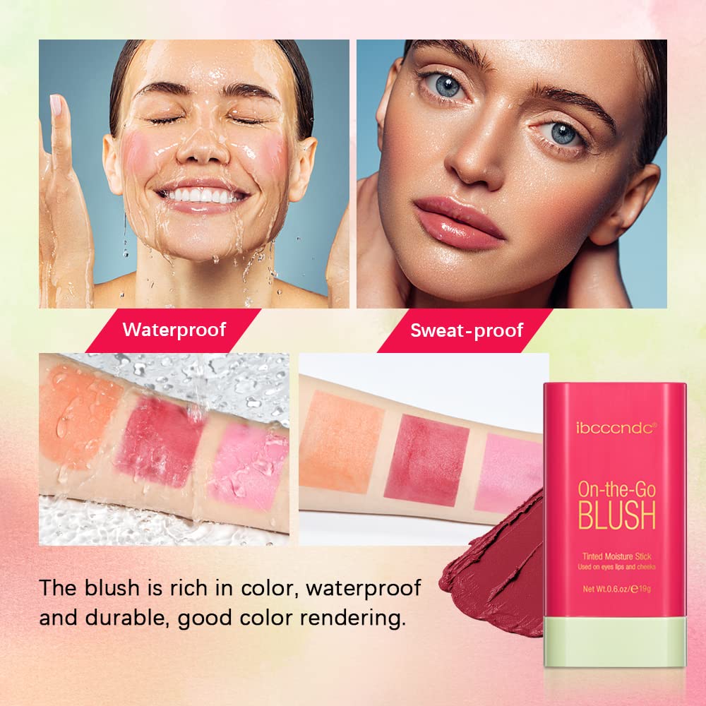 Blush Stick Waterproof Matte Finish Long Lasting Pink Red Cheek Lip Make-up Multi Lip Tint Stick Highlighter High Pigment Rouge Blush for Women Lady Daily Lip Cheek Makeup (1#shy pink)