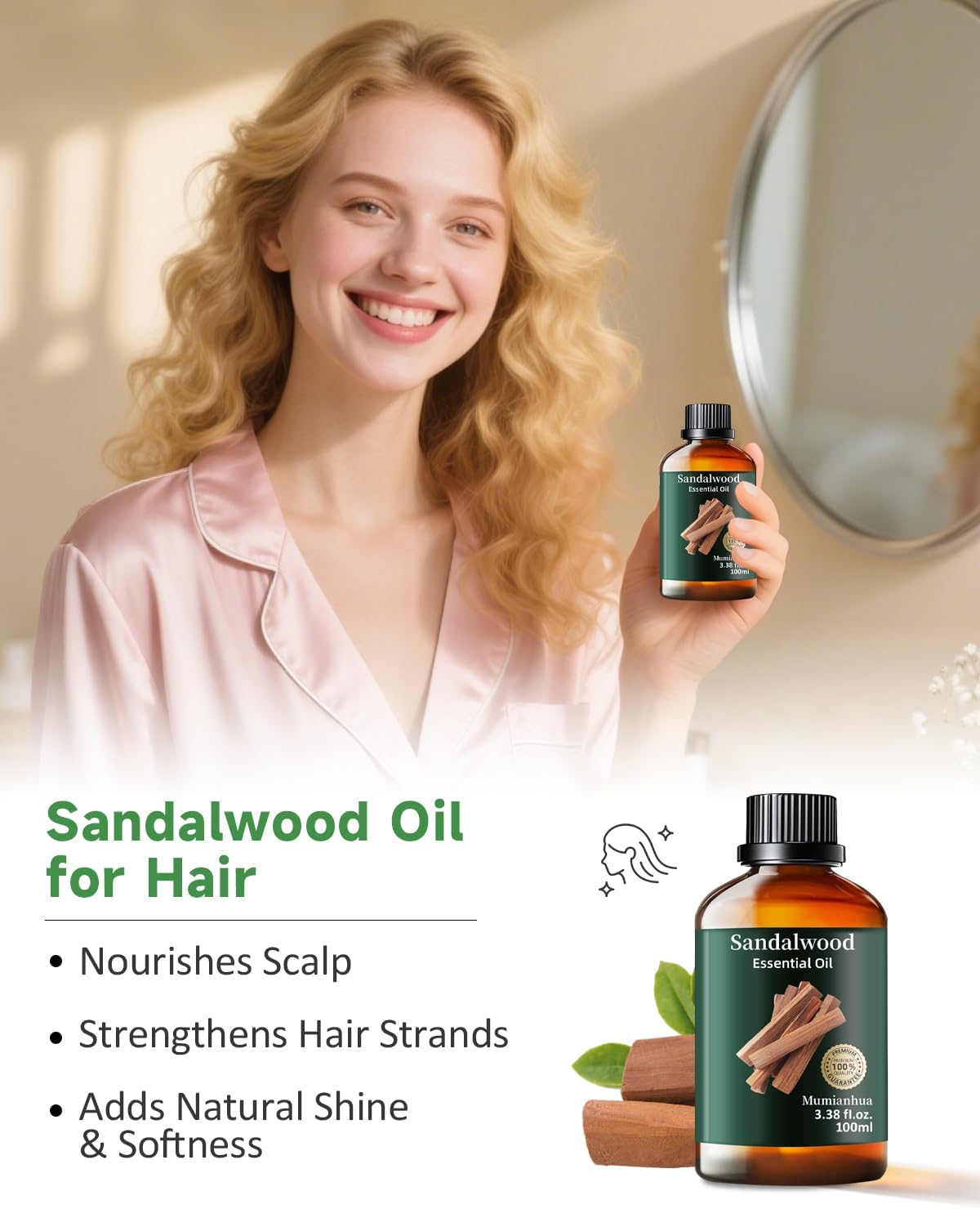 Sandalwood Essential Oil Pure，Mumianhua Natural Sandalwood Oil Undiluted Therapeutic Grade Aromatherapy Oil for Diffuser, Skin, Hair, Massage, Candle & Soap Making 3.38 Fl Oz