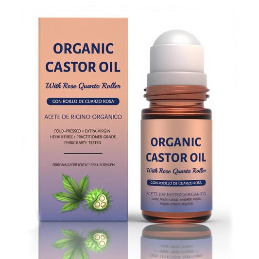 Organic Castor Oil Roll-On with Rose Quartz Roller, 1.7 fl oz – 100% Pure & Cold-Pressed, Hexane-Free, Extra Virgin Golden Oil for Skin, Brows, Lashes & Mess-Free Castor Packs