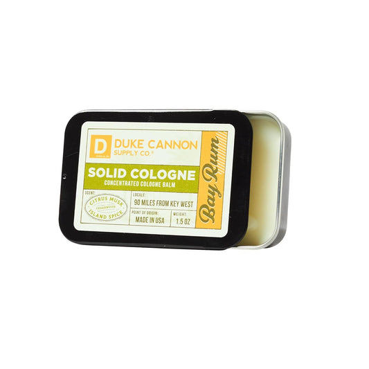 Duke Cannon Supply Co. Solid Cologne for Men Bay Rum (Citrus Musk, Cedarwood, Island Spice) - Concentrated Balm, Travel-Friendly Convenient Tin, 1.5 oz