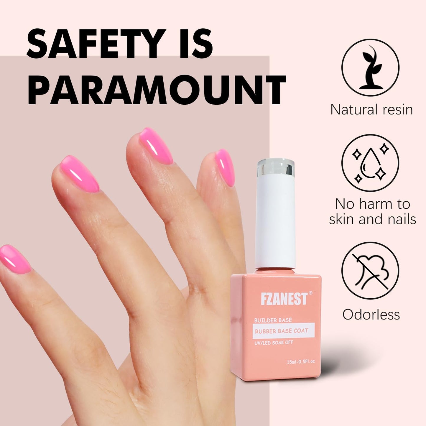 FZANEST Hot Pink Builder Rubber Base Gel, 5 in 1 Builder Gel For Nails Enhance Extension Repair Self-leveling in a Bottle Elastic Rubber Base Coat