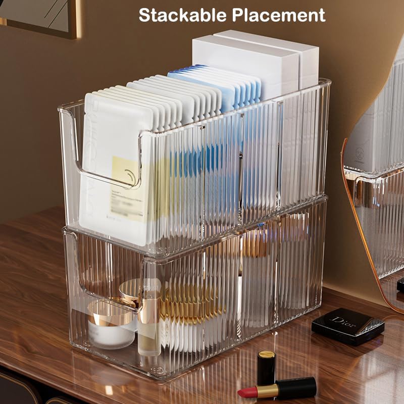 Extra Thick Acrylic Makeup Organizer with Removable Dividers - Waterproof Bathroom Storage for Sheet Masks/Essences/Cosmetics, Clear Visible Design, Space-Saving Vanity Organizer