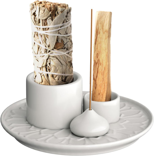 Palo Santo Holder - 4 in 1 Incense & Candle Holder - Ceramic Incense Holder Ash Catcher Tray for Meditation Room - Easy to Clean (White)