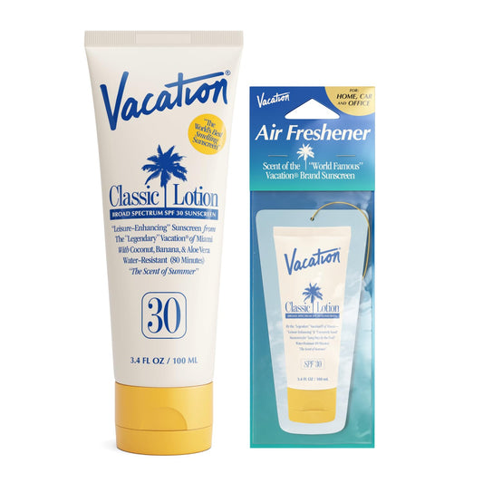 Vacation Classic Sunscreen Lotion SPF 30 & Air Freshener Bundle, Water-Resistant, Lightweight, Transparent on All Skin Tones, Dermatologist-Tested, Vegan, Travel Size, 3.4 Fl. Oz.