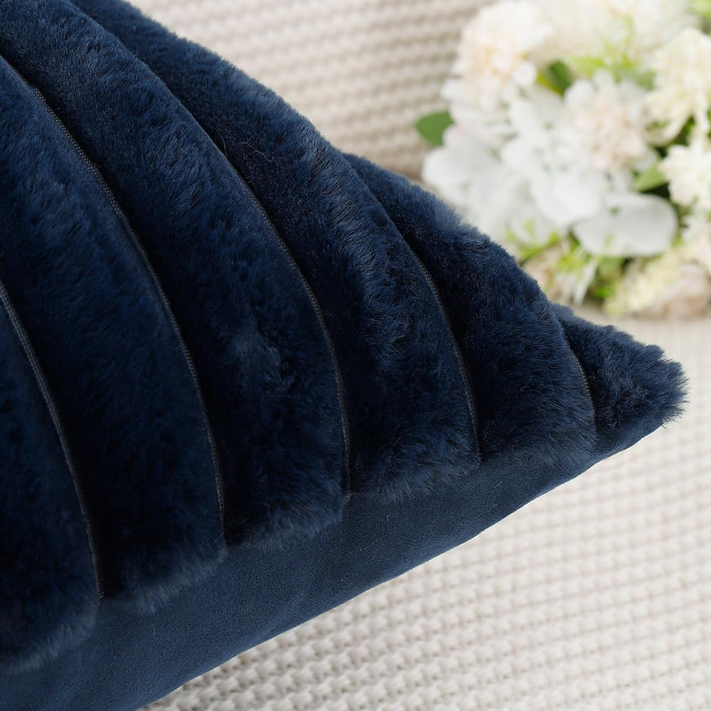 MADIZZ Set of 2 Faux Wool Plush Decorative Throw Pillow Covers 22x22 Inch Dark Blue Fluffy Striped Soft Decorative Cushion Cover for Sofa Bedroom Pillow Shell