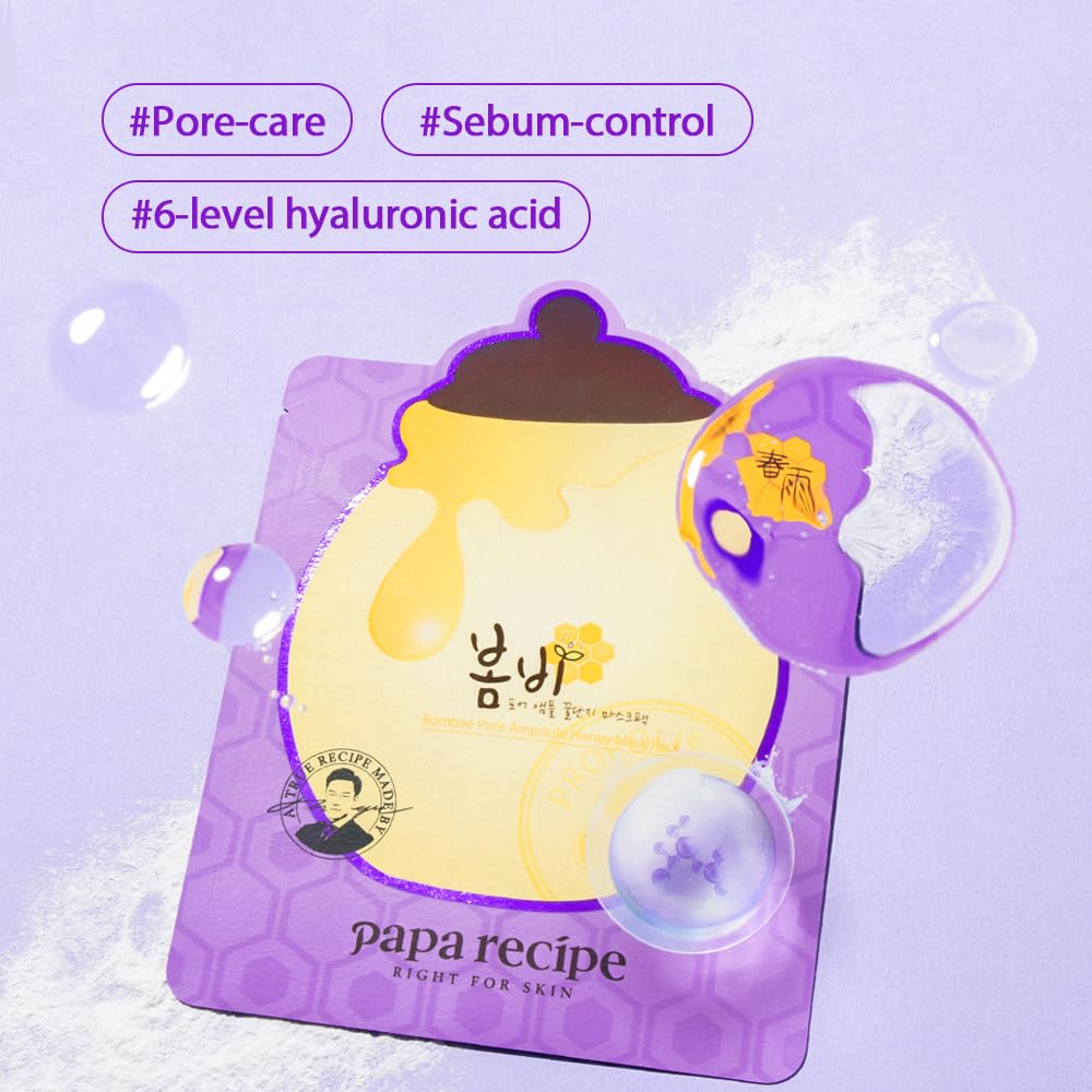 Papa Recipe Bombee Pore Honey Mask 10 Pack – No-Sebum Hydration & Pore Care – Korean Sheet Mask with Honey & Propolis Essence