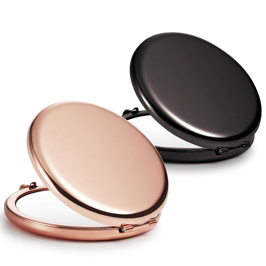 Compact Mirror Bulk, Set of 2 Double-Sided 1X/2X Magnifying Purse Pocket Makeup Mirrors(Round, Rose Gold and Black)