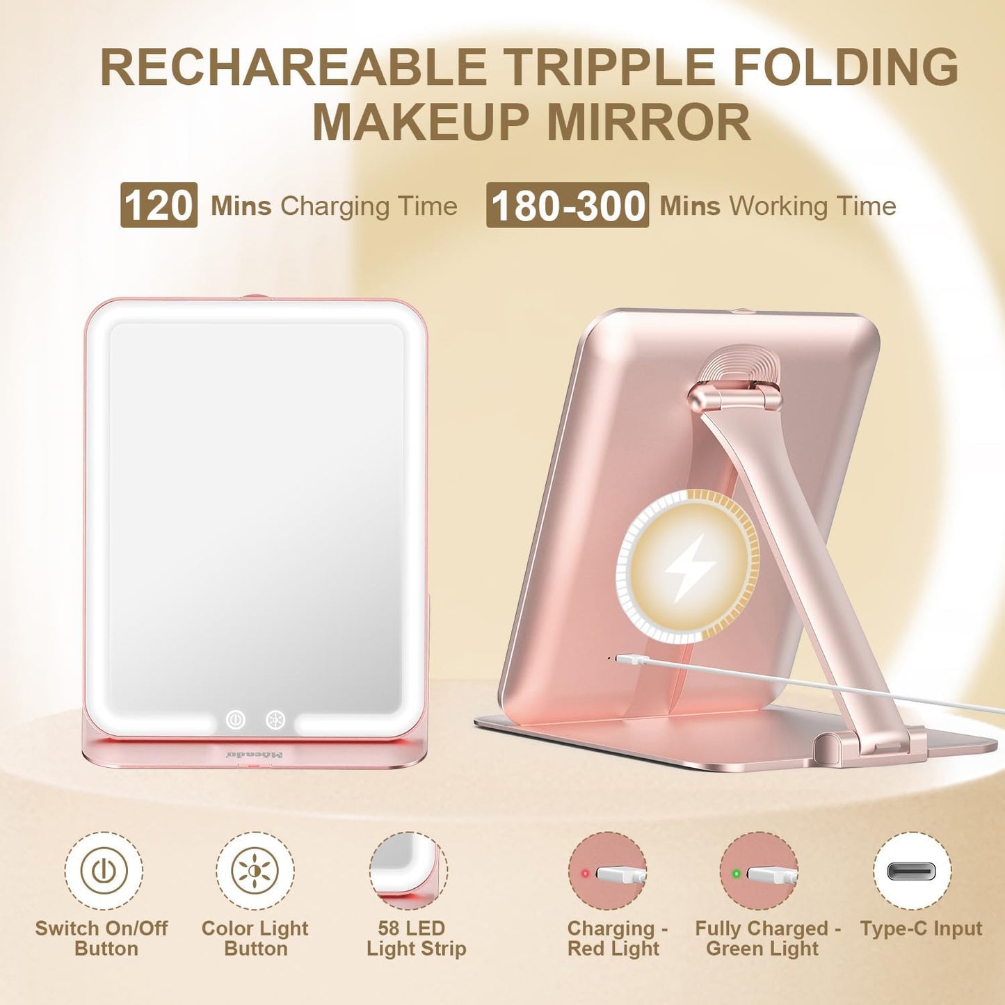 Mocado Travel Makeup Mirror with Light - 7x5 Inches Tripple Folding Travel Mirror with Light, 3 Colors Lighted Makeup Mirror, Portable Makeup Mirror, Freely Adjust Height and Angle(Rose Gold)